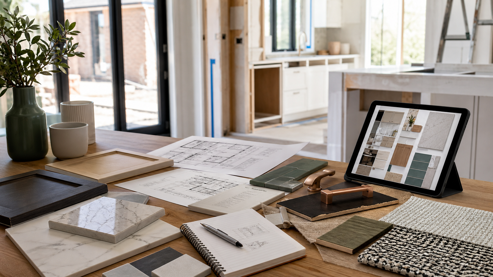 Remodel planning table with samples plans and decision notes in a Houston home