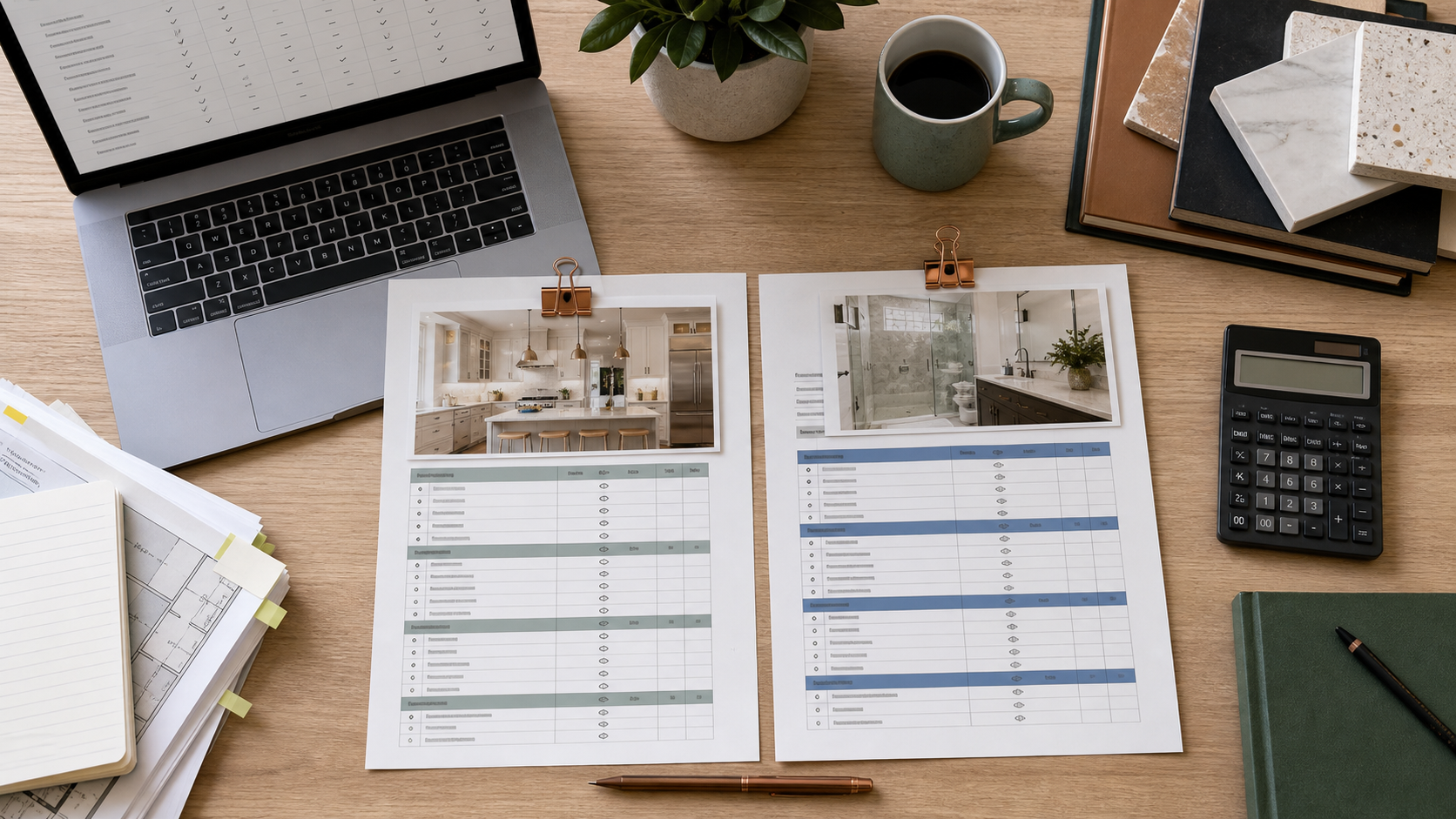 Contractor estimate comparison desk with two scopes photos calculator and material samples
