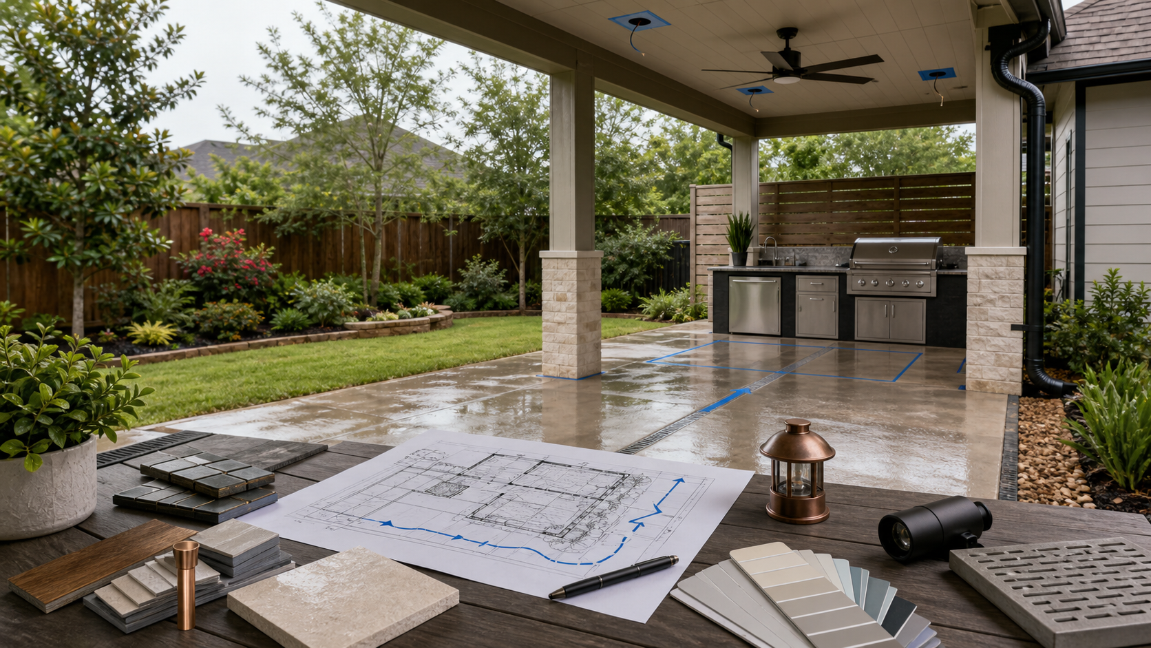 Houston outdoor living planning with patio drainage shade grill zone and material samples