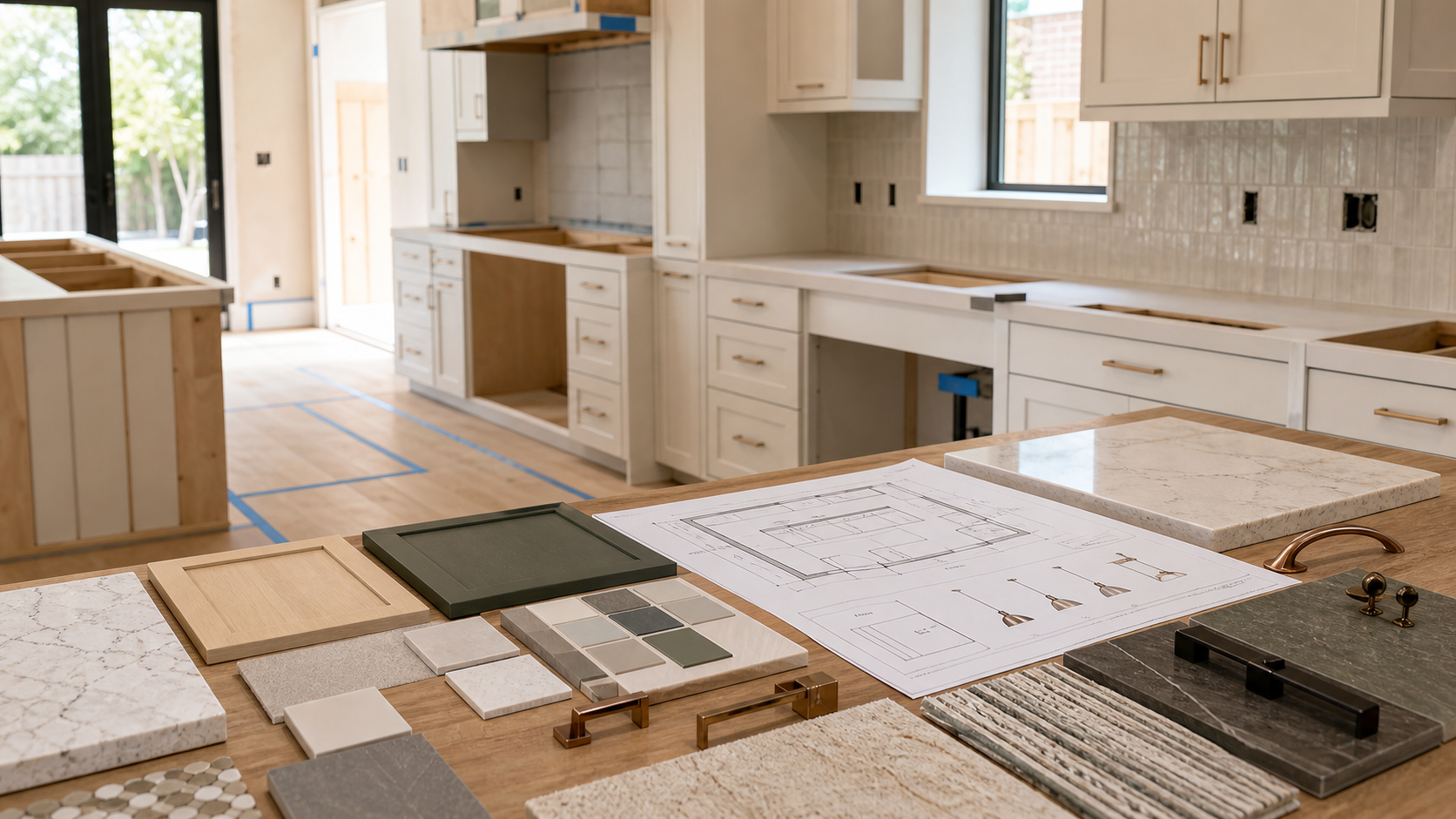 Kitchen remodel selections with cabinet counter tile lighting and layout planning