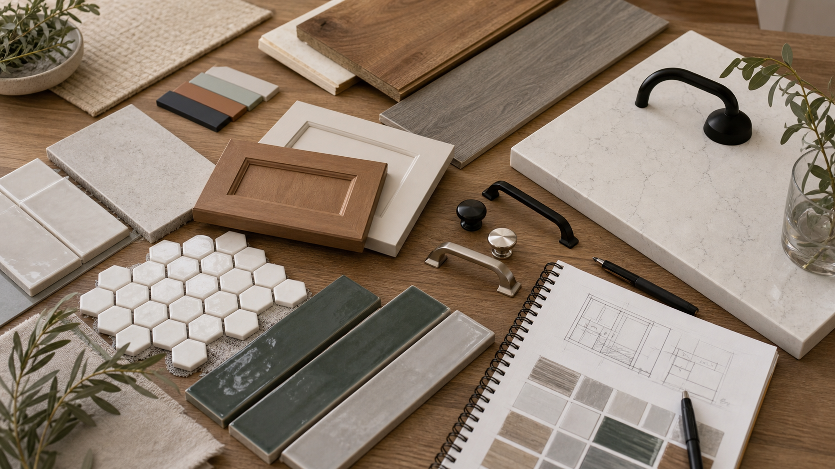 Remodeling material selection board with tile flooring cabinet counter and hardware samples