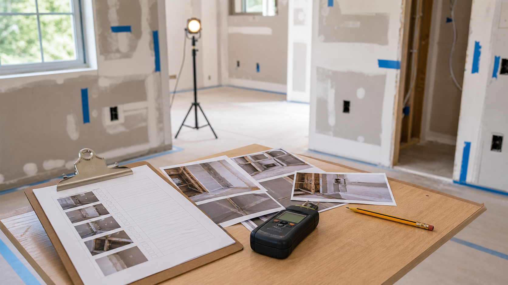 Unfinished remodel documentation with repair photos checklist and moisture meter