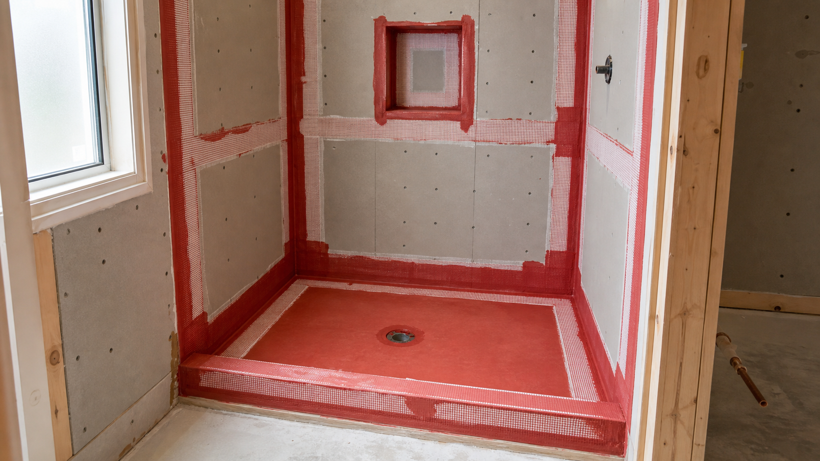 Shower waterproofing with reinforced corners mesh and red liquid membrane before tile